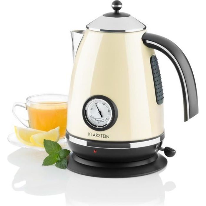 Klarstein Aquavita Chalet - Bouilloire électrique au look théière rétro avec thermomètre (2200W, poignée cool-touch, 1,7L) - crème