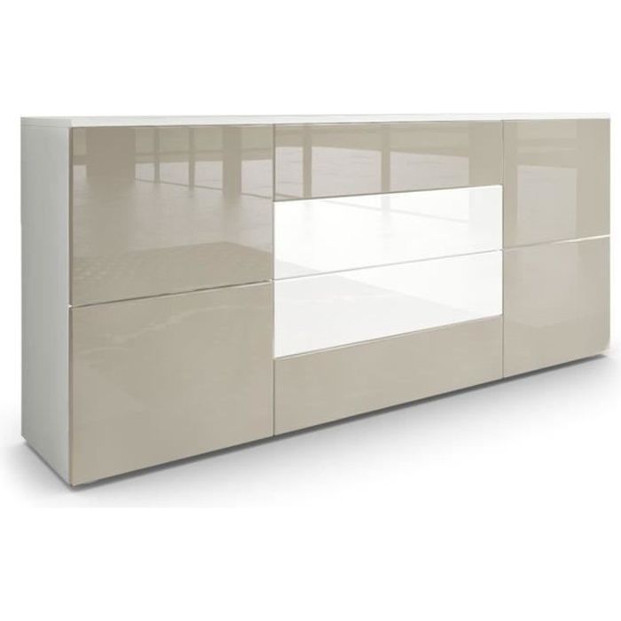 Buffet moderne gris sable et blanc avec façades laquées et structure mat