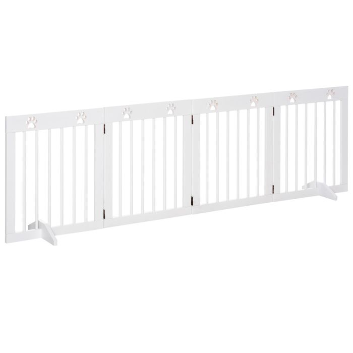 Barrière de sécurité pour animaux - barrière modulable pliable 4 panneaux - motif patte - 2 pieds support - bois de pin blanc