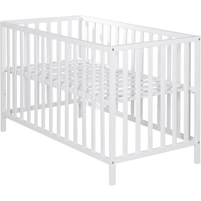 ROBA Lit d'enfant -Cosi- 60x120 cm, en bois de hêtre massif, couleur blanche, réglable sur 3 hauteurs