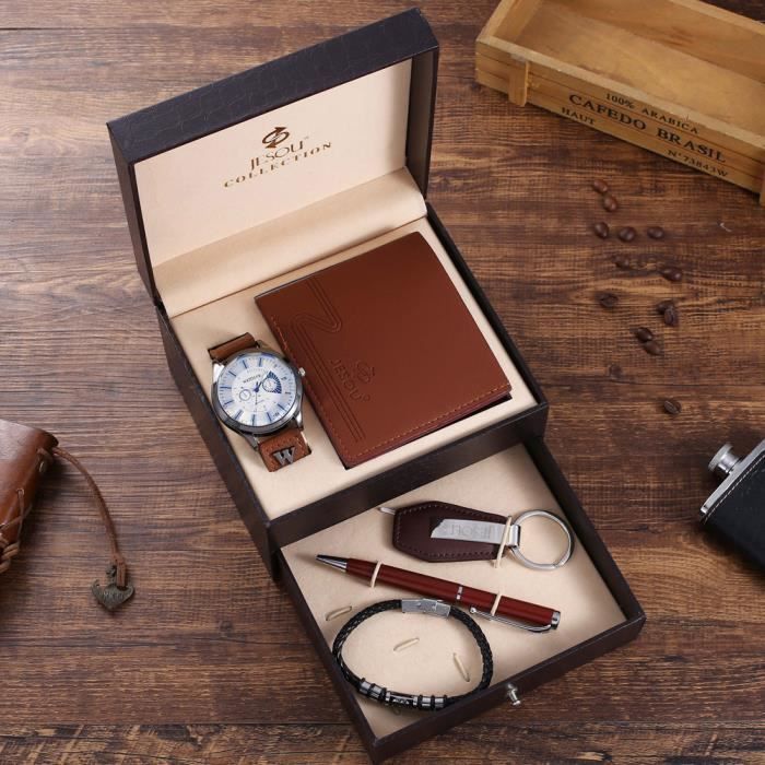 Coffret montre homme + porte monnaie + stylo + bracelet + porte-clés – mode marron cadeau