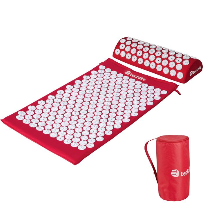 TECTAKE Tapis d'Acupression de Fleurs Tapis Fakir de Détente Matelas de Massage 74 cm x 43 cm x 2,5 cm + 1 Coussin + 1 Sac Rouge