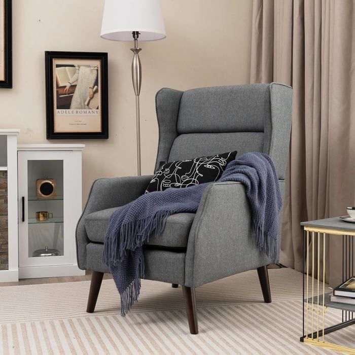 relax4life fauteuil de salon en tissu à dossier | coussin amovible | pieds en bois hévéa | canapé 1 place pour chambre/bureau |gris