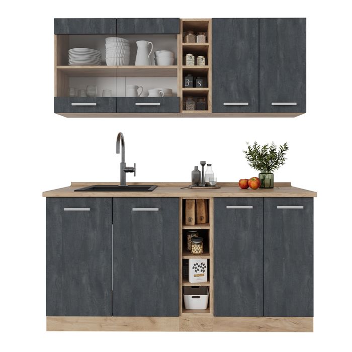 Vicco Cuisine R-Line, Anthracite Brillant/Chêne Doré, 300 Cm Avec Armoire Haute Pt Chene 93187103