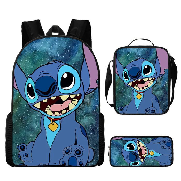 Sac à Dos Stitch 3 Pièces BOSSETY - Avec Lunch Box Et Trousse, Ensemble Scolaire Pour Enfants Et Ados