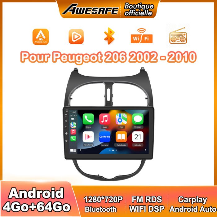 AWESAFE Autoradio Android 13 pour Peugeot 206 (2002-2010) 4Go+64Go 9 Écran Tactile avec GPS Carplay Android Auto FM WiFi