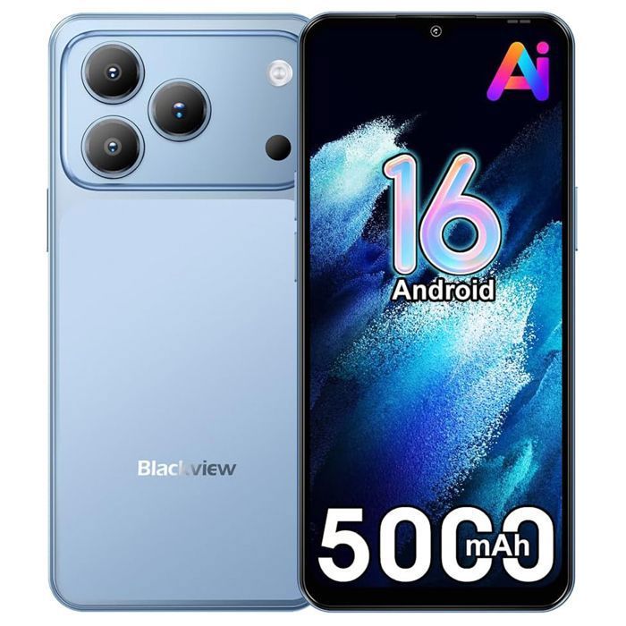 Blackview WAVE 7C Téléphone Portable 6.56 12Go+128Go/2 To 32MP+13MP 5000mAh Smartphone 4G Android 16 Dual SIM - Bleu