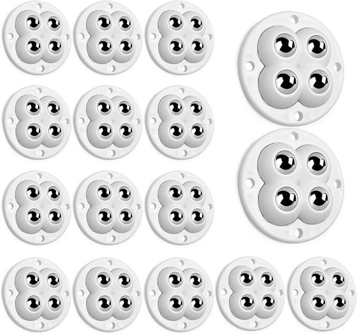 16 Mini Roulettes Auto-Adhésives 360° - Pour Boîtes De Rangement, Petits Meubles - Noir & Blanc - ABS + Acier Inox - 10