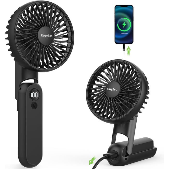EasyAcc LED Ventilateur Portable 5000mAh avec Cordon, Ventilateur USB de Batterie 32H Ventilateur Rechargeable Silencieux 5 Vitesses Pliable180° Recharger Smartphones pour Voyage Extérieur-Noir