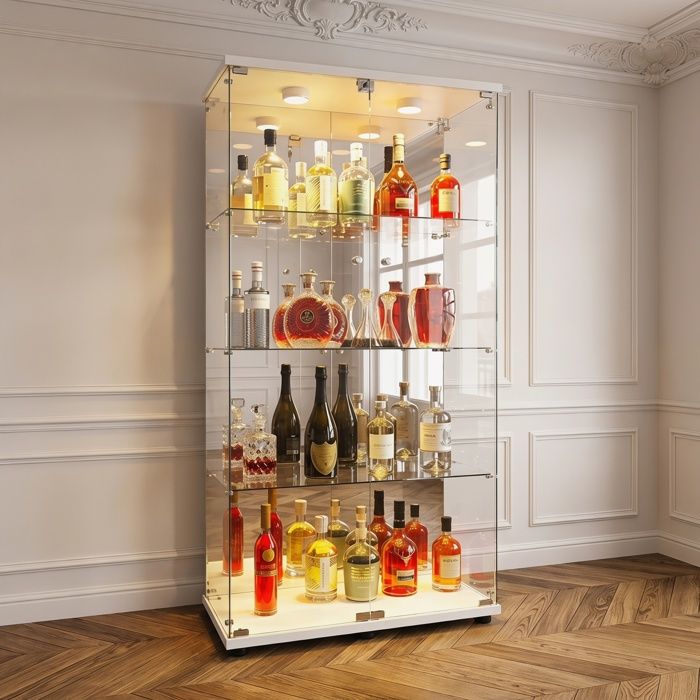 Vitrine en verre - LUMINARIX - 80x36x164cm - Verre trempé - Éclairage LED - 2 portes avec serrure