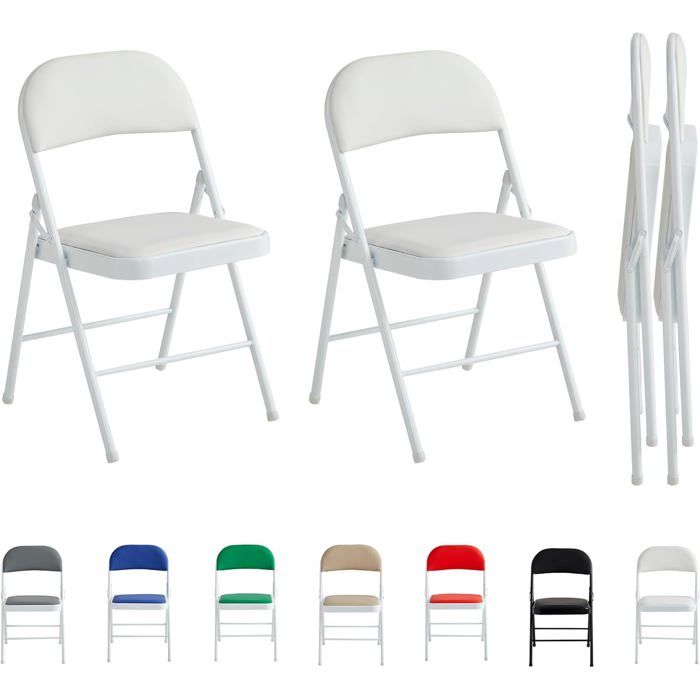 mcc direct Lot de 2 chaises pliantes en similicuir avec cadre en métal et siège rembourré (blanc)