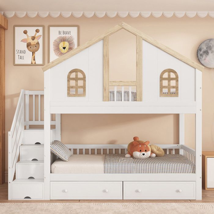 Lit Superposé 90x200cm avec 2 Tiroirs Lit Cabane avec 4 Compartiments de Rangement Lit Enfant en Pin Blanc + Finition Naturelle