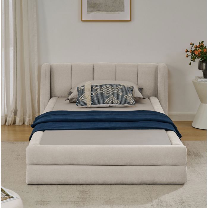 Lit simple 90x200 cm en tissu chenille doux avec dossier confortable Beige
