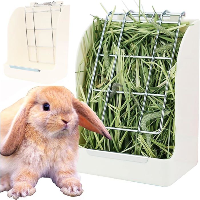 Râtelier Foin avec Plateforme Blanc Plastique et Métal pour Lapin et Cochon dInde Durable et Non Toxique