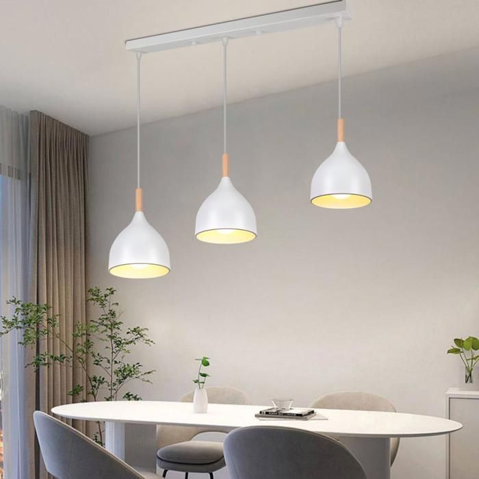 WOTTES 3 Lampes Suspension Vintage Lustre Blanc E27 Plafonnier Bois Luminaire Style Industriel éclairage Pour Cuisine (Barre)