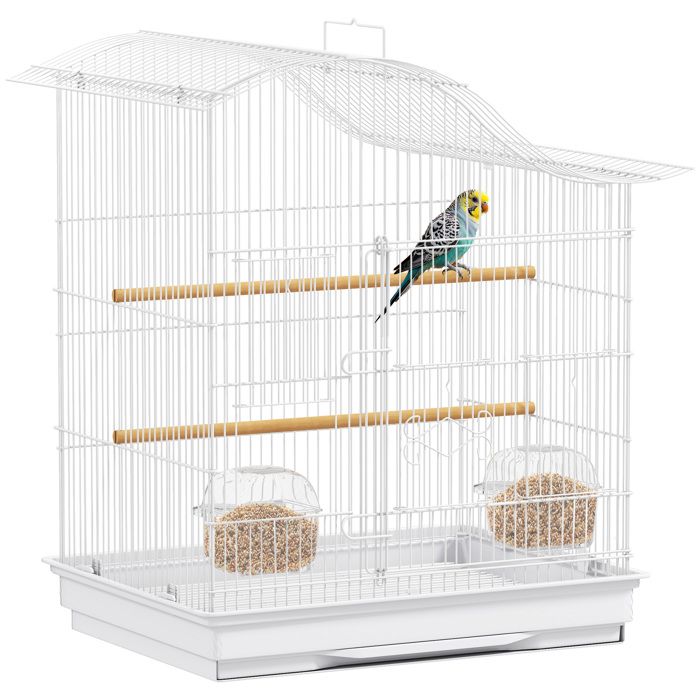 Comparer les prix de Cage à oiseau - PawHut - 4 portes 2 perchoirs plateau coulissant - pour inséparables perruches pinsons - blanc