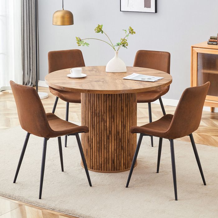 Ensemble de table ronde - Table ronde 100 cm - 4 chaises marron - MDF écologique - Design contemporain