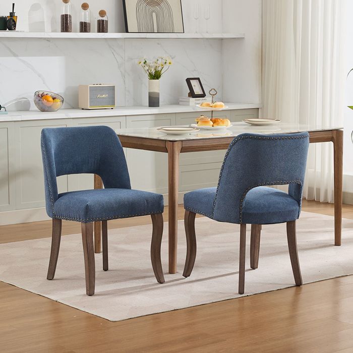 Lot de 2 chaises Chaise de salle à manger Chaises de cuisine en chenille Dossier découpé Pieds courbés en bois massif Bleu