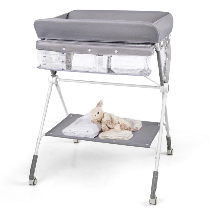 COSTWAY Table à Langer Pliante pour Bébé avec Roulettes Étagère et Panier 3 Hauteur Réglable pour Nouveau-nés 0-1 An Gris