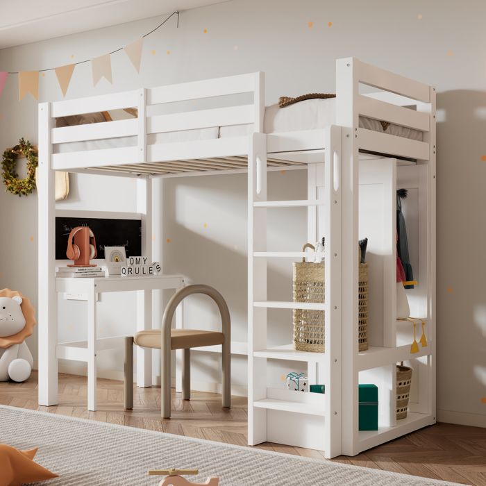 Lit mezzanine - 90 x 200 - Bureau intégré - Armoire et étagères - Sommier à lattes