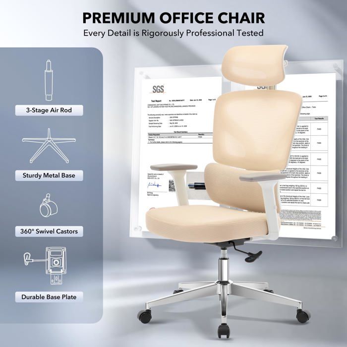 Chaise de bureau ergonomique - LUNSY - Dossier et soutien lombaire réglables - Accoudoirs 3D - Appui-tête ajustable