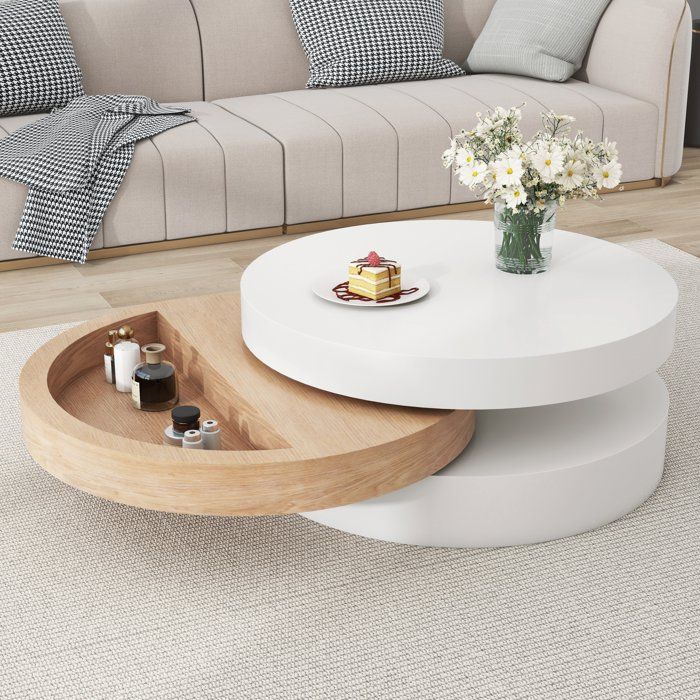 Table Basse Cylindrique Rotative 360° avec Rangement Caché Table Café - Blanc et Bois pour Salon 60 x 60 x 35 1 cm Table Basse Cylindrique Rotative 360° avec Rangement Caché Table Café - Blanc et Bois pour Salon 60 x 60 x 35 1 cm