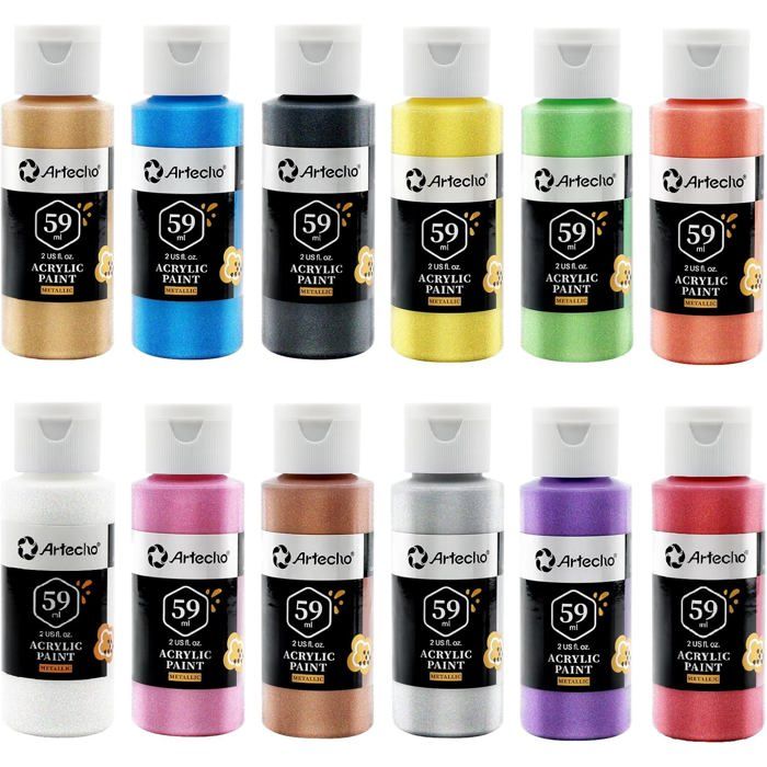 ARTEZA Peinture Acrylique métallisé, 36 Couleurs (tubes de 22 ml) Boîte de rangement, Pigments riches, Peintures non décolorantes non toxiques pour artistes enfants, peindre sur toile