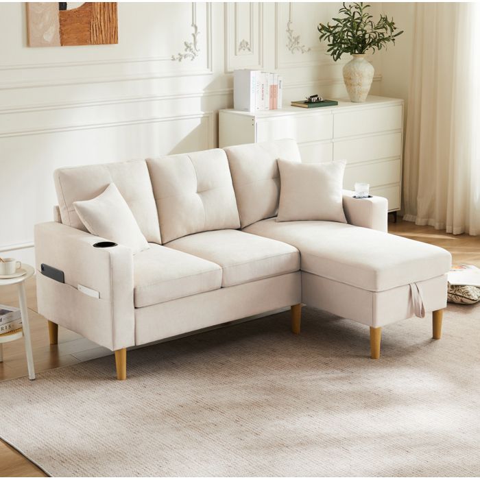 Canapé d’angle 3 places beige L 175 x P 129 x H 90 cm méridienne réversible rangement
