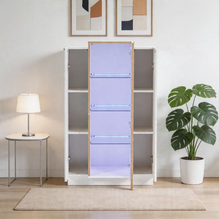 Vitrine de salon - PAGE LIVING - 74×40×120 cm - 3 portes - 4 étagères en verre - Éclairage LED contrôlable