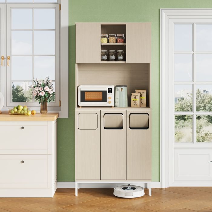 Armoire de cuisine - 3 portes 80×35×181 cm - Compartiment poubelle - Espace micro-ondes - Ouverture robot aspirateur