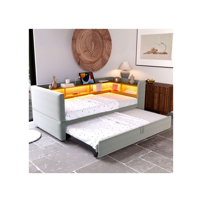 Lit gigogne avec rangement 90/180x190cm - Tête de lit LED prises et étagères - lit gigogne - Velours gris clair extensible