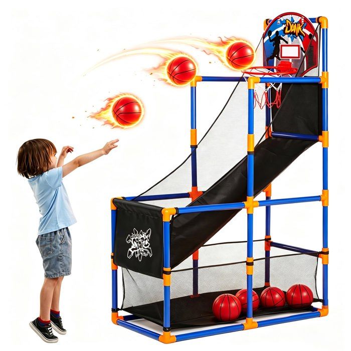 Jeu de Basketball Arcade Pliable Panier Basket avec LED Score Pompe de Gonflage 4 Ballons 8 Modes de Jeux