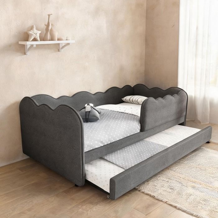 Canapé-lit gigogne 90x190 cm en lin gris classique - Idéal pour chambre denfant ou petit espace