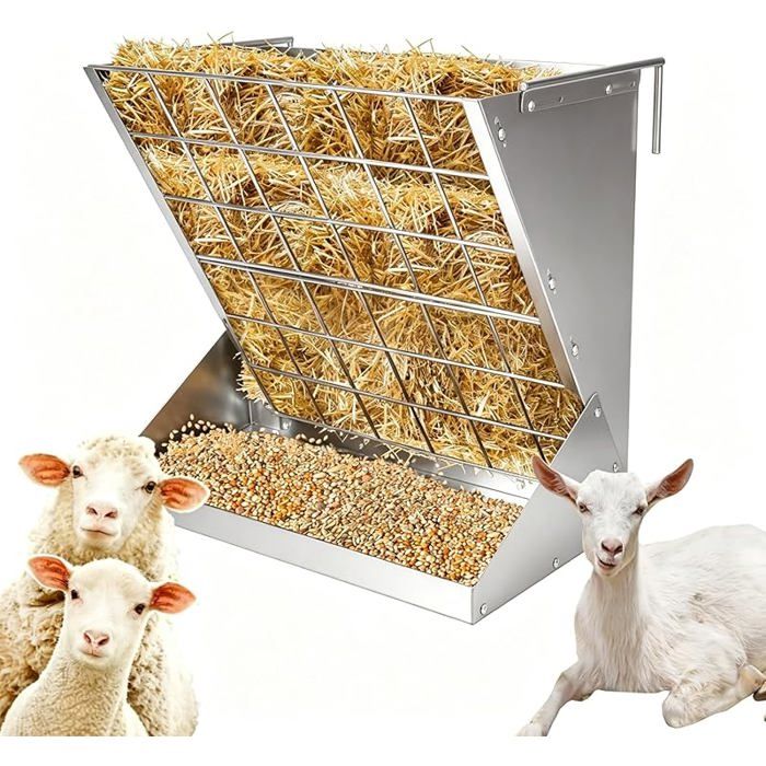Grand Râtelier à Foin 2 en 1 pour Moutons et Chèvres avec Râtelier à Nourriture Hay & Grain/Salt Feeder en Métal Ratelier