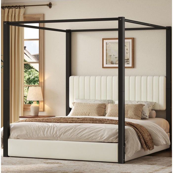 Lit A Baldaquin 180x200 Velours Beige Lit Double Moderne FloraGrace Pour Chambre Sommier A Lattes Inclus 206x181x198cm