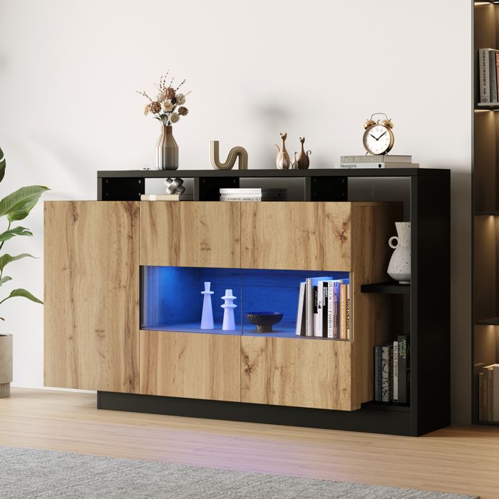 VEVXYN buffet bahut rangement LED 140 x 44 x 935 cm MDF bois et noir avec Bluetooth étagères réglables salon