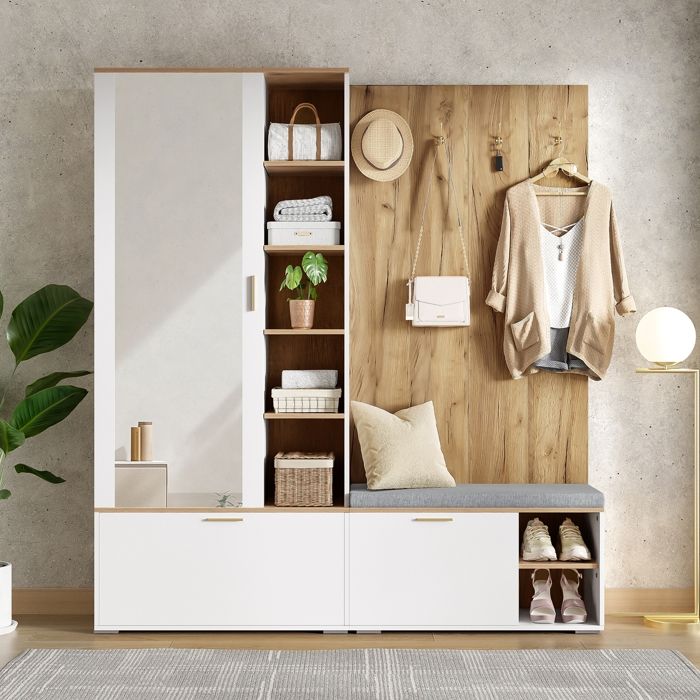 Ensemble armoire de couloir avec armoire à miroir armoire à chaussures tringle à vêtements extensible 4 crochetsbancaspect bois