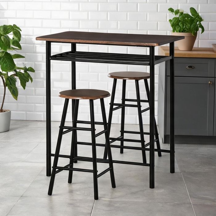 Ensemble table de bar 2 personnes industriel noir et imitation bois noyer étagère intégrée gain de place