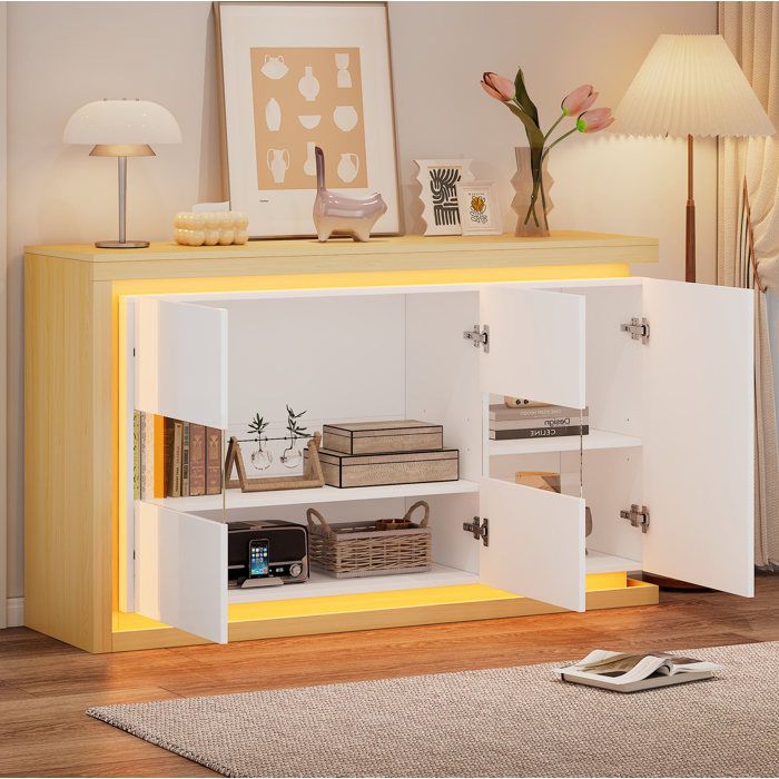 Buffet bas 140 cm avec LED 3 portes portes en verre trempé finition brillante blanc et bois naturel