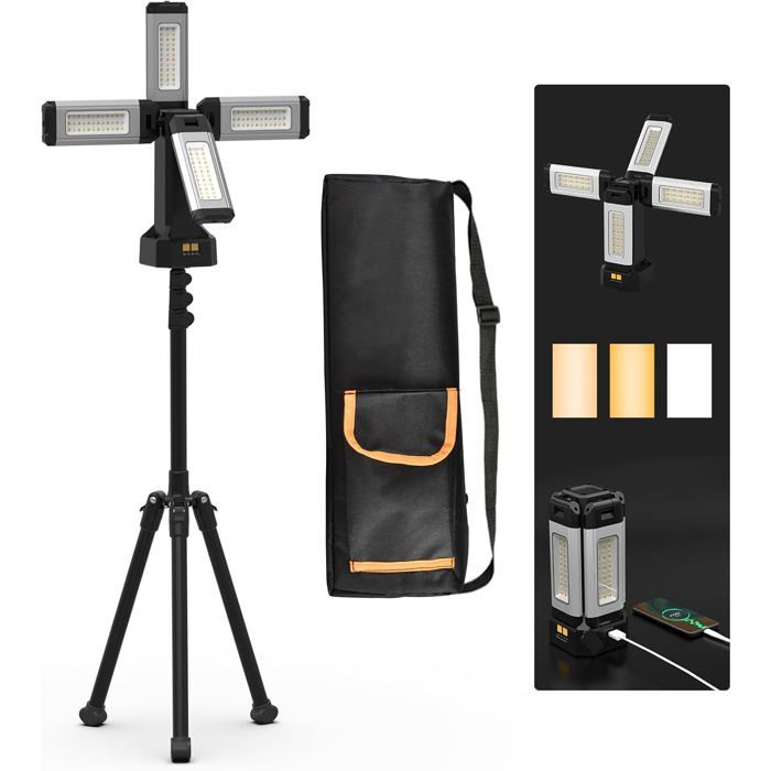 Lampe De Travail Rechargeable En Aluminium 13200 Mah Avec Trépied Pliable Et Sac De Transport 8000 Lumens À Intensité Variab[CA46]