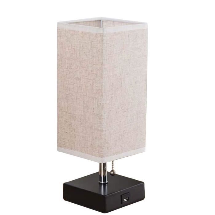 Lampe De Chevet Vintage En Bois Avec Port Usb Couleur Beige Abat