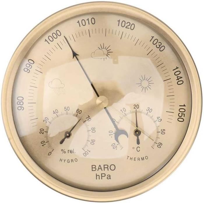 Baromètre 3-en-1 Clyictz - Thermomètre + Hygromètre + Baromètre à Cadran - Décoration Murale Or - Pêche