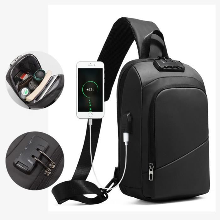 Sac Poitrine Homme Oxford Antivol avec Chargeur USB