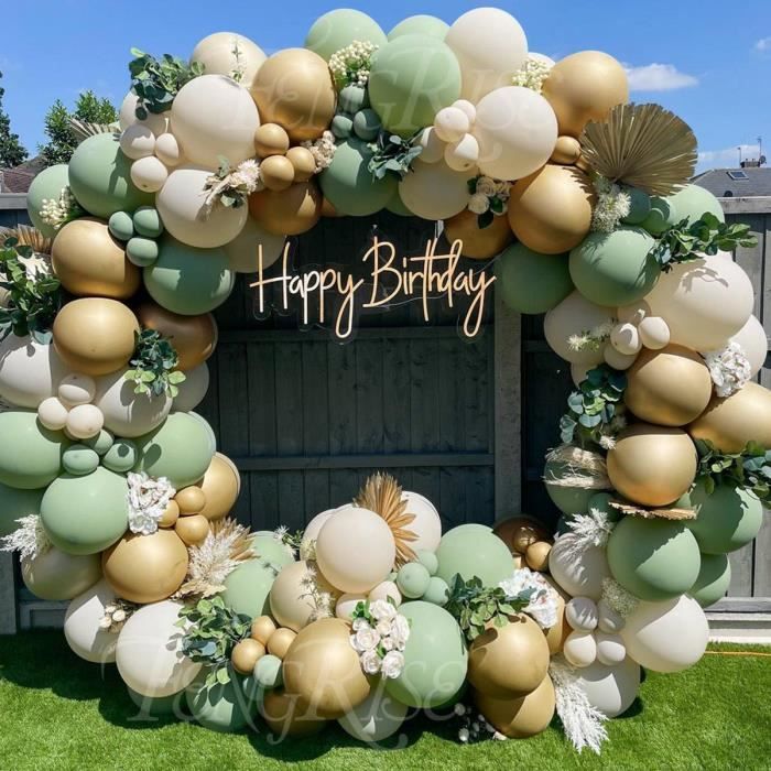 Kit Guirlande/Arche De Ballons Vert Sauge, Blanc, Or - Thème Jungle, Tropical, Safari - Pour Anniversaire, Mariage