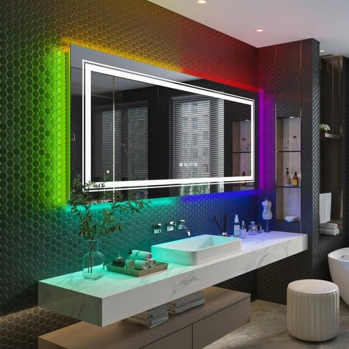 Miroir LED Lumineux RGB pour Salle de Bain LUVODI - 183 x 90 cm - Anti-buée  - 9 Modes d'éclairage - Cdiscount Maison