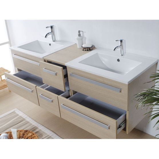 Meuble Double Vasque A Tiroirs Miroir Inclus Beige Madrid