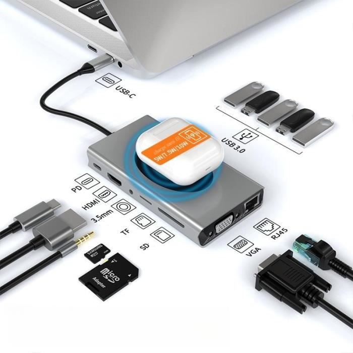 HUB USB C 13 en 1 Stations d'accueil avec Chargement sans Fil, HDMI 4K, VGA, RJ45 Ethernet 1000M, 5×USB3.0, PD 100W, SD/TF & 3.5mm