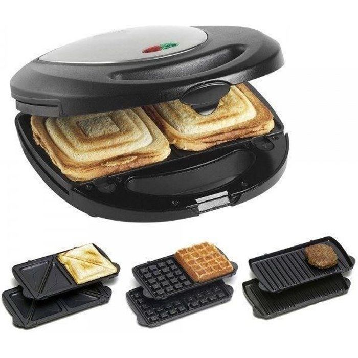 Gaufrier avec 3 jeux de plaques : gaufres 4*7 + croque-monsieur + gaufrette  - Tom Press