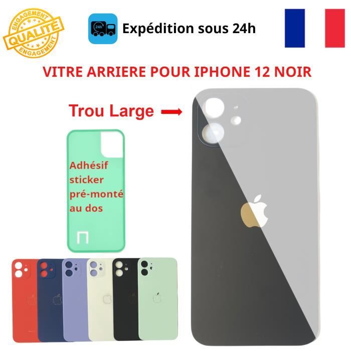 VITRE ARRIERE IPHONE 12 NOIR LOGO ADHESIF GROS TROU