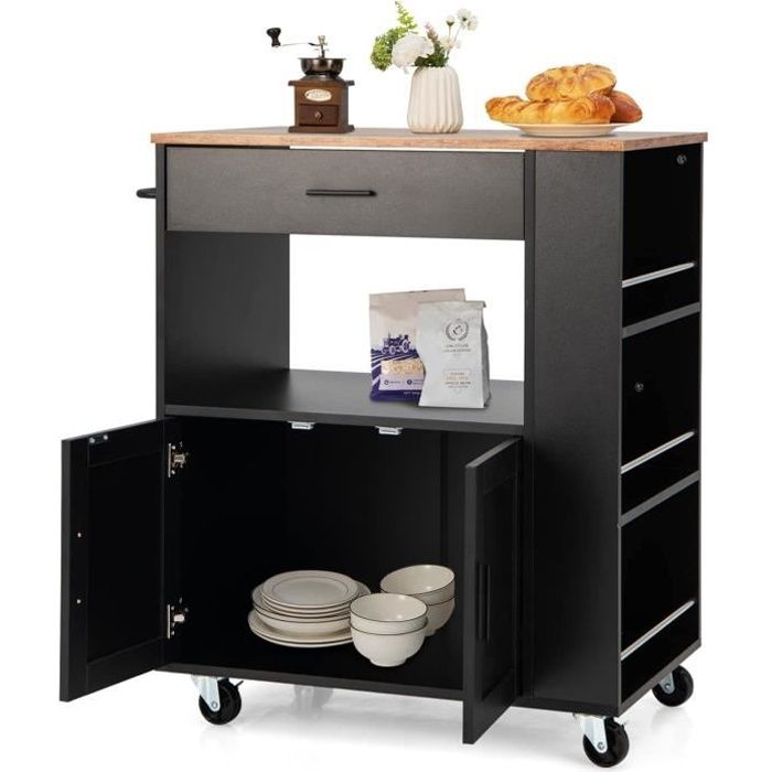 GIANTEX Desserte de Cuisine à Roulettes Îlot Chariot de Service 82x50x92cm avec Tiroir Placard à Porte et 3 Étagères Latérale Noir GIANTEX Desserte de Cuisine à Roulettes Îlot Chariot de Service 82x50x92cm avec Tiroir Placard à Porte et 3 Étagères Latérale Noir